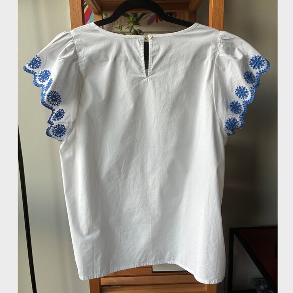 J. Crew NWT White & Blue Embroidered Flutter-Sleeve Blouse Cotton Poplin- Size M - Picture 5 of 8